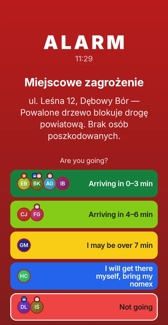 A red full-screen alarm with large answer buttons, shown over the lock screen