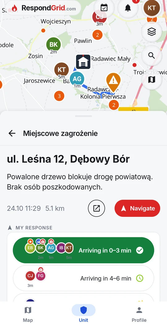 The alarm map with the route from the station to the scene and the responders on their way
