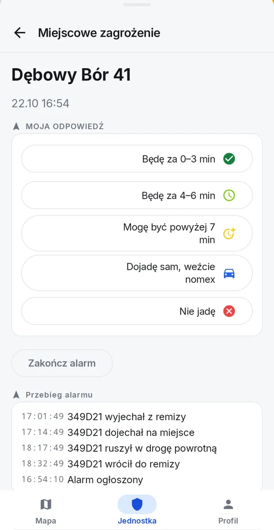 Ekran alarmu z pięcioma odpowiedziami