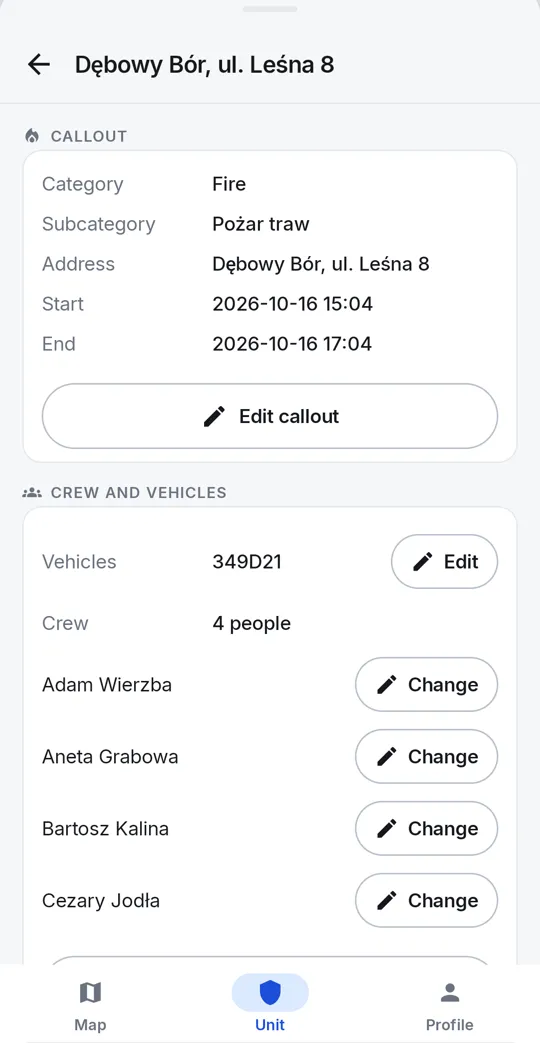 An incident record with the crew